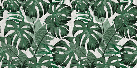 seamless background with green leaves Tropical Luxury nature green background vector. Floral pattern, Golden split-leaf Philodendron plant with monstera plant line arts, Vector illustration © Infinity Design 