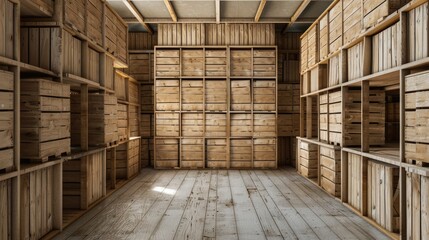 Interior Storage Building with Stacked Wood Crates Wall