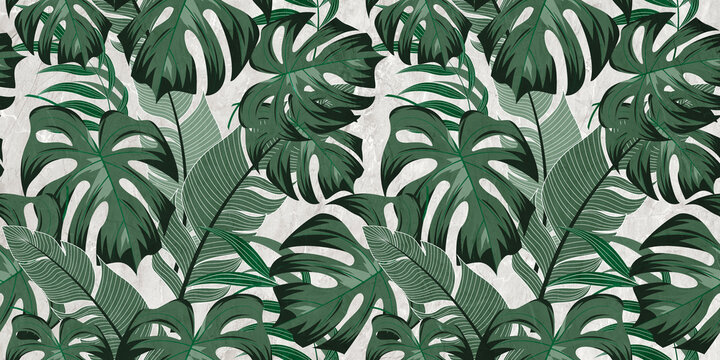 seamless background with green leaves Tropical Luxury nature green background vector. Floral pattern, Golden split-leaf Philodendron plant with monstera plant line arts, Vector illustration