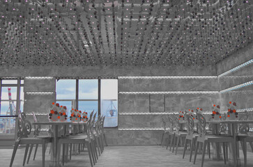 Casual colorful ocean view dining room a la carte restaurant onboard luxury cruiseship or cruise...