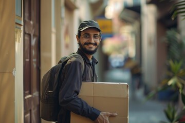 A delivery boy posing and smiling for the camera outside, holding a delivery box and wearing a delivery bag and cap in an ultra-realistic, detailed image.