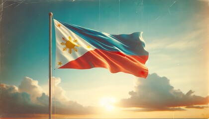 Vintage illustration for the philippines independence day with the flag of the waving philippines flag.