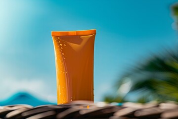 orange blank sunscreen tube blue sunny sky in the background
