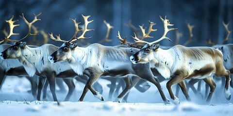 Reindeer herd peacefully running across field antlers visible scene serene and tranquil. Concept Nature, Wildlife, Reindeer herd, Tranquility, Serene landscape