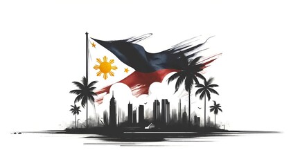 Illustration for the philippines independence day with a stylized philippine flag and silhouette of buildings.