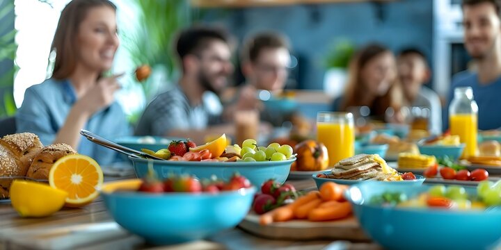 Family eating breakfast together at kitchen table with modern technology. Concept Family Bonding, Breakfast Rituals, Modern Lifestyle, Technology in Daily Life, Family Mealtime