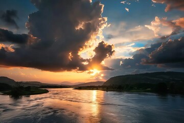 https://s.mj.run/LQFZb2VLFqg sunset in mountains with clouds and river wide angle image 