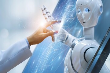 Robot and human hands touching on data augmented mixed virtual reality integrate ai for management 