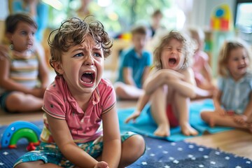 Crying Children having a tantrum at a daycare center.