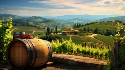 Obraz premium Red wine with barrel on vineyard in green Tuscany illustration