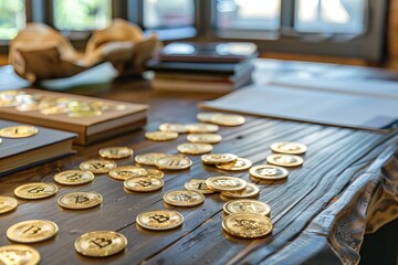 Bitcoin coins on desk, ultra realistic detailed image, Bitcoin coins
