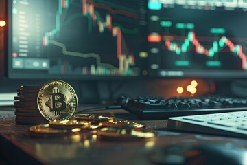 Bitcoin on desk with Crypto Trading Chart On Background, Bitcoin coins on desk, ultra realistic detailed image, Bitcoin coins 