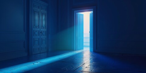 3D render of light coming through opened blue door