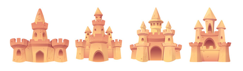Cartoon sandcastle with tower, gate and window for summer beach vacation and children play concept. Vector illustration set of palace sculpture made of yellow shore sand. Summertime activity elements.