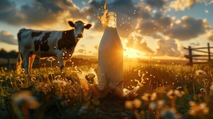 Dramatic Sunrise Over Picturesque Cow Farm Elegant Milk Bottle Splash Ready for Branding with...