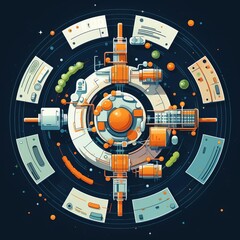 Naklejka premium Space station flat design top view outer space theme cartoon drawing complementary color scheme