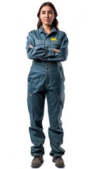 Fototapeta premium Young woman stands confidently wearing a professional mechanics uniform, cut out