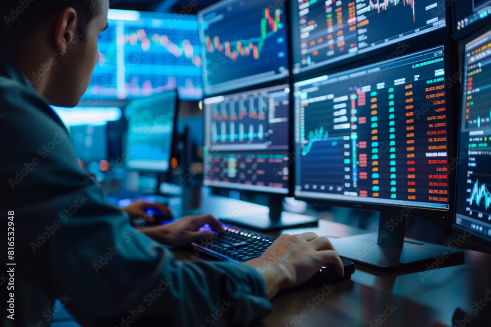 Poster a man is sitting in front of a computer monitor with multiple screens displaying financial data. he 