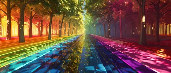 A path through a forest with trees and a rainbow-colored ground illuminated by sunlight.
