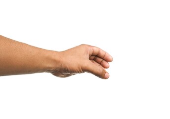 Man's hands gesture as if holding something such as a water bottle, isolated on white background.	