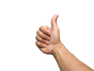 Male hand giving thumbs up isolated on white background, business concept.	