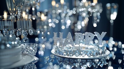 A glamorous party setup with Happy Birthday text in sparkling silver, featuring crystal decorations on a navy blue background. 8k, realistic, full ultra HD, high resolution and cinematic photography