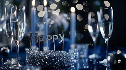 A glamorous party setup with Happy Birthday text in sparkling silver, featuring crystal decorations on a navy blue background. 8k, realistic, full ultra HD, high resolution and cinematic photography