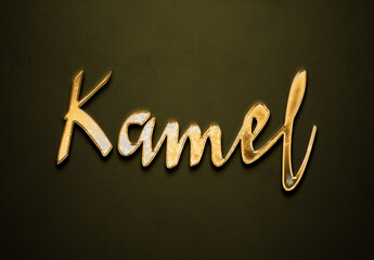 Old gold text effect of Arabic name Kamel with 3D glossy style Mockup