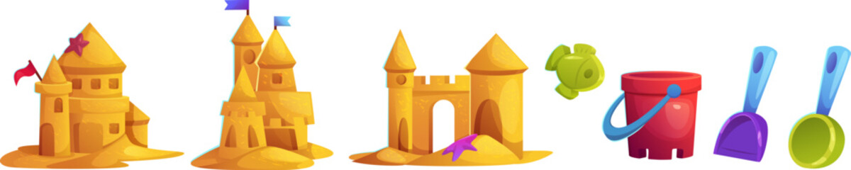 Sandcastle with tower and gate decorated with flag and starfish, children plastic toys for summer beach vacation - bucket and fish, rake and shovel. Cartoon vector illustration set of sand palace. © klyaksun