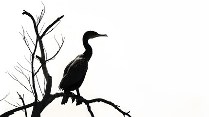 Fototapeta premium Silhouette of great cormorant bird standing on leafless tree branch and looking away against white background : Generative AI