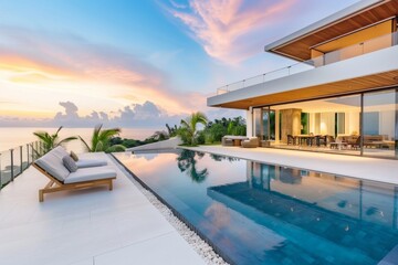 Fototapeta premium Modern house with infinity pool and ocean view, in the style of modern architecture