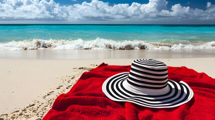 Red towel with black and white striped sun hat on the sand at beach with ocean view