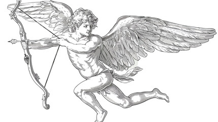 Flying Cupid holding bow and aiming or shooting arrow