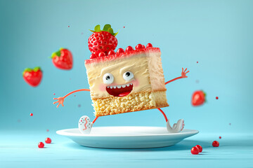 Strawberry cartoon piece of cake with a funny face, arms and legs runs off the plate. Cartoon character of a piece of cake. Cartoon 3D style.