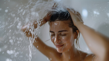 A close-up shot of a woman massaging the new shampoo into her hair, with text below her explaining its ability to cleanse and revitalize the scalp, self-care, copy space