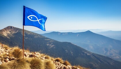 Ichthys, The Symbol Of Christianity. Christian Fish on Flag, the Symbol of First Church.  © Daniel