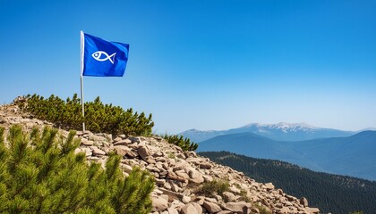 Ichthys, The Symbol Of Christianity. Christian Fish on Flag, the Symbol of First Church.  © Daniel
