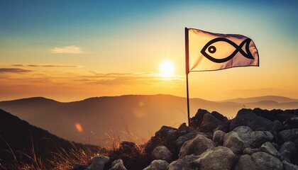 Ichthys, The Symbol Of Christianity. Christian Fish on Flag, the Symbol of First Church.  © Daniel