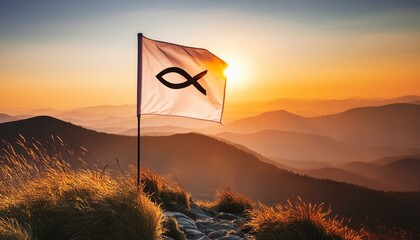 Ichthys, The Symbol Of Christianity. Christian Fish on Flag, the Symbol of First Church.  © Daniel