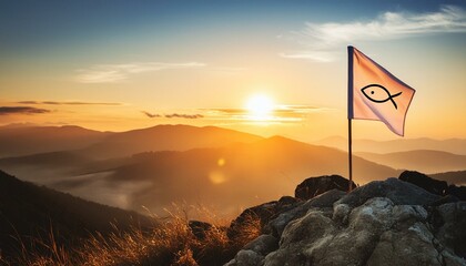 Ichthys, The Symbol Of Christianity. Christian Fish on Flag, the Symbol of First Church.  © Daniel