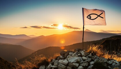 Ichthys, The Symbol Of Christianity. Christian Fish on Flag, the Symbol of First Church.  © Daniel