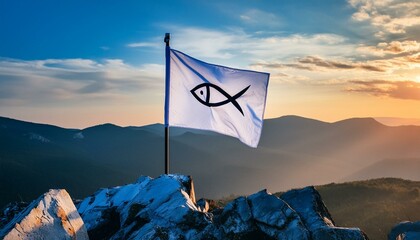 Ichthys, The Symbol Of Christianity. Christian Fish on Flag, the Symbol of First Church.  © Daniel