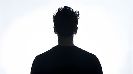 silhouette of man from behind on white background looks away : Generative AI