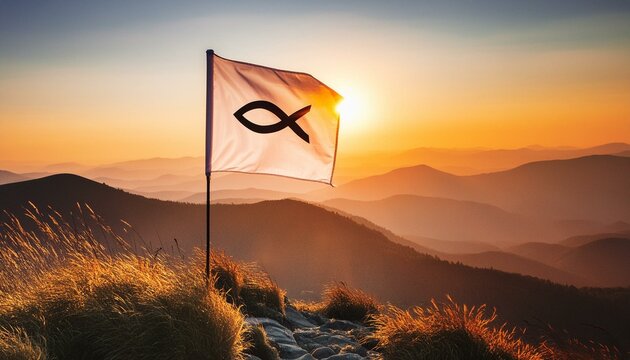 Ichthys, The Symbol Of Christianity. Christian Fish on Flag, the Symbol of First Church. 