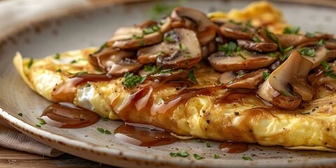 Obraz na płótnie Canvas Delicious Mushroom Omelette Served on a Plate. Concept Breakfast, Recipe, Healthy Eating, Omelette, Mushrooms