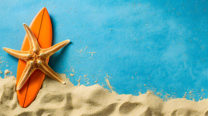 Starfish and surfboard on beach sand, blue background for summer vacation concept. Copy space for text