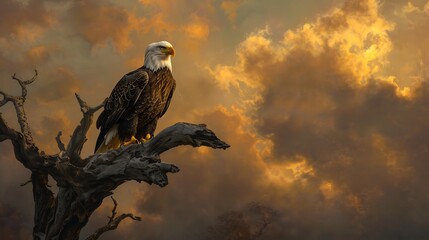 A majestic bald eagle perched atop a weathered oak branch, its piercing gaze fixed on the horizon, as the golden hues of dawn paint the sky behind it.