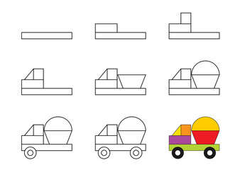 Worksheet easy guide to drawing cartoon truck. Simple step-by-step drawing tutorial for kids.