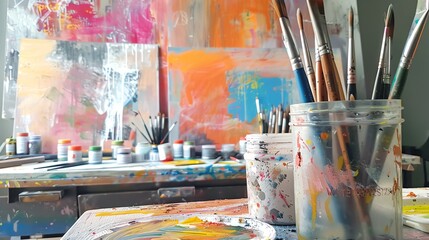 Fototapeta premium A messy artist's studio with paintbrushes, paint cans, and colorful abstract paintings on the walls and table.