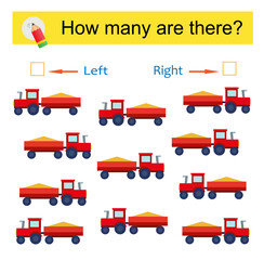 Math activity for kids. Developing numeracy skills. Cartoon tractors. Vector illustration.